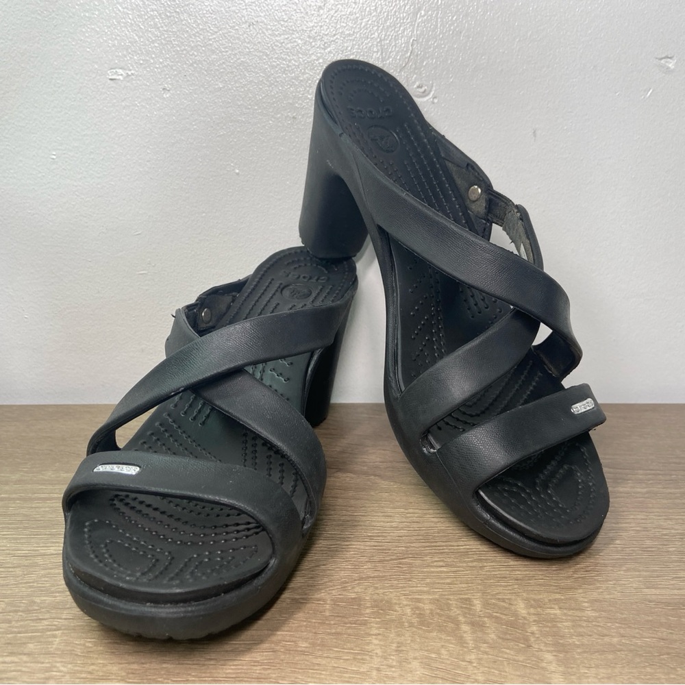 Crocs Cyprus IV 4” Heels 14558 Women’s 10 Sandals Black Silver Stretchy Shoes